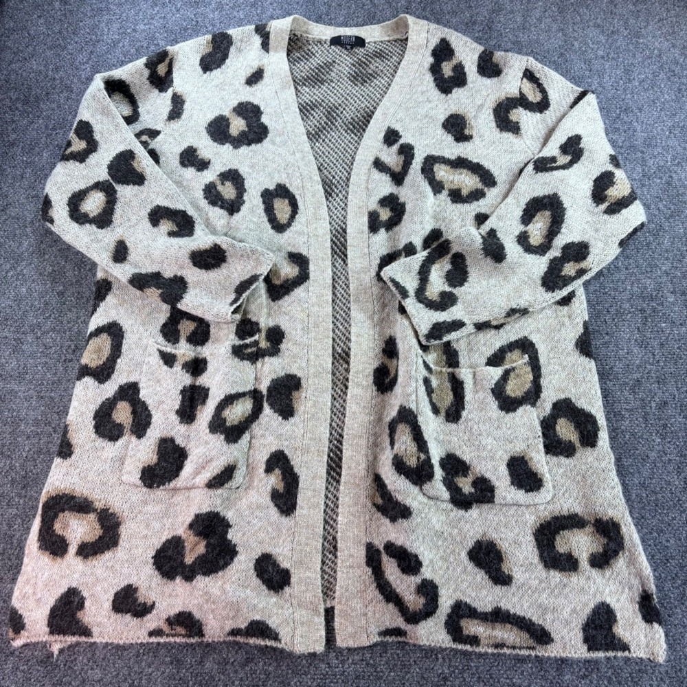 Modern Canvas Cardigan Womens XL Beige Leopard Print Open Front Knit Sweater